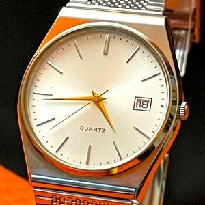 5mm THIN West German Unbranded Quartz Analog Date Watch SS Mesh Textured Clasp